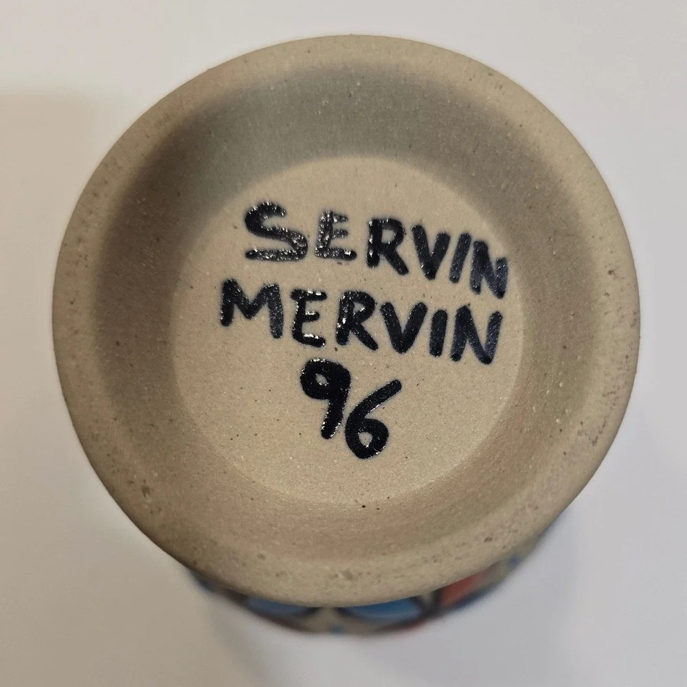 Servin Mervin 1996 Signed Artisan Pottery Bud Vase Blue Orange Geometric Floral‎
